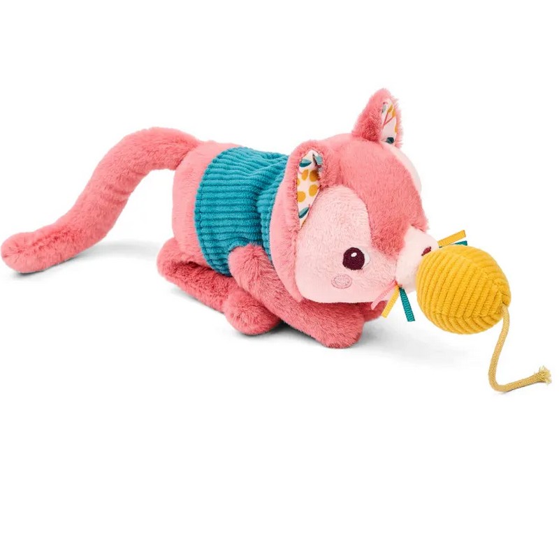 Peluche gatto per neonati con cuccia, gomitolo, ciotola di legno e gilet, adatto dai 12 mesi in su